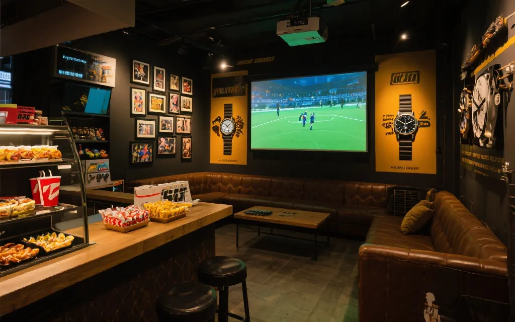 门店观赛区布置示意：大屏、吧台补给、主题打卡墙、桌边小食